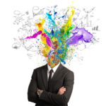 illustration d'un homme en costume dopnt le cerveau projette plusieurs jets de peinture de différentes couleurs.