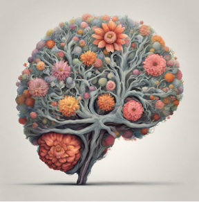 illustration d'un cerveau en forme d'arbre gris avec des fleurs rose et orange
